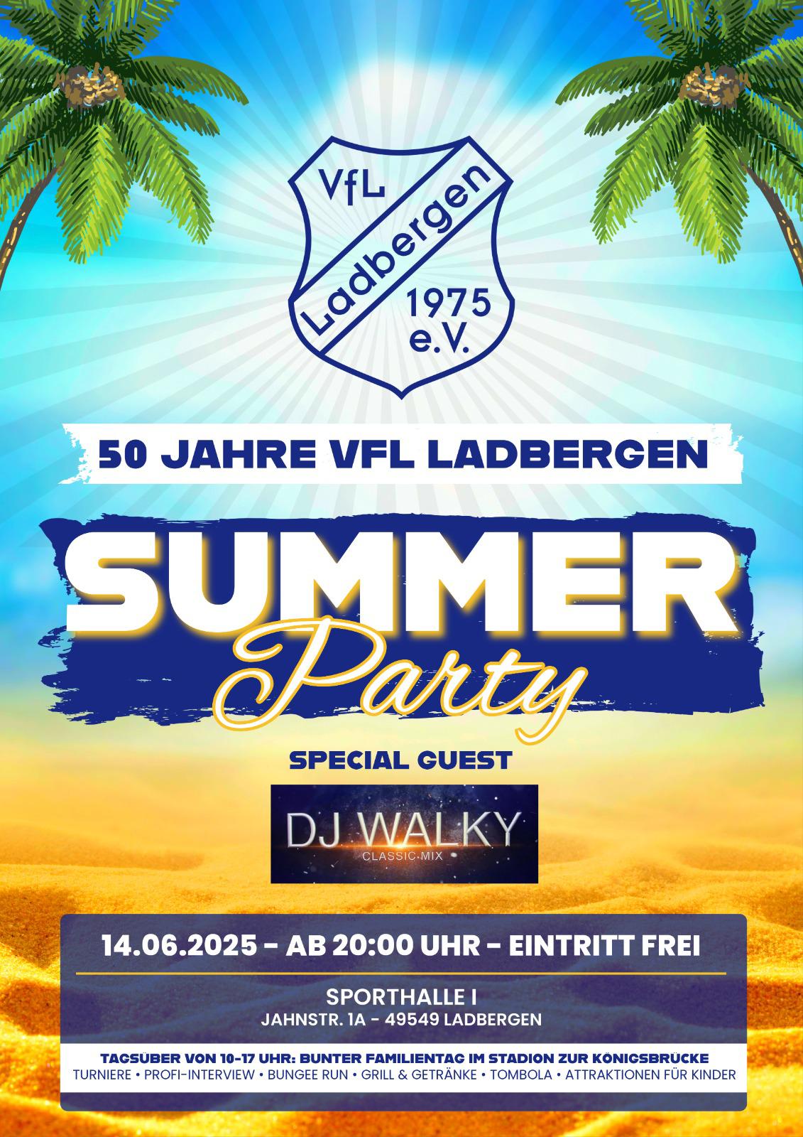Plakat für Sommerparty des VfL Ladbergen. Tropisches Design, Palmen und Strand im Hintergrund.